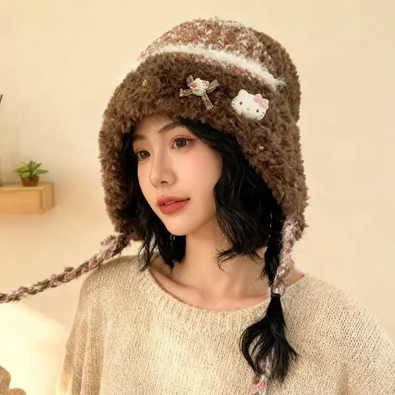 سانريو مرحبا كيتي الصوف محبوك قبعة شتاء دافئ الباردة واقية قبعة KT الأذن حماية قبعة جرلي الإكسسوارات هدايا عيد الميلاد