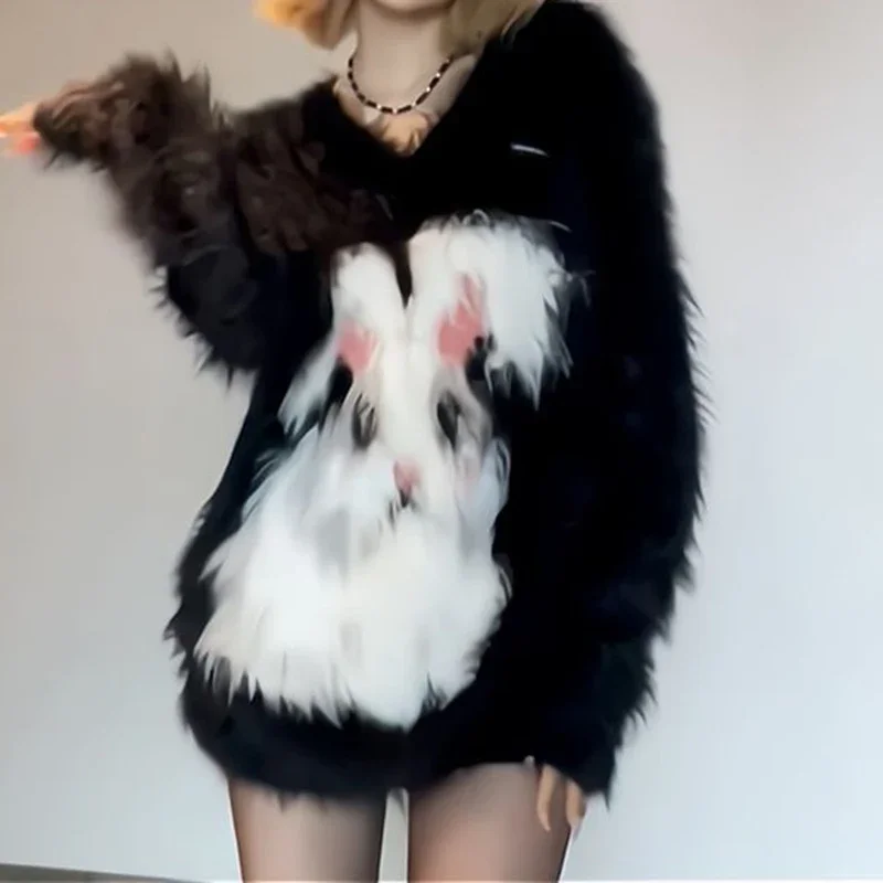 American black mink velvet soft waxy rabbit pattern sweater women's autumn and winter retro lazy wind thickened sweater top