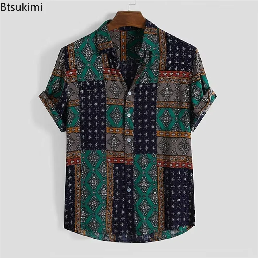 

New Men's Vintage Single-breasted Casual Shirts Hawaiian Style Printed Short Sleeve Laple Tops Men Streetwear Loose Beach Blouse