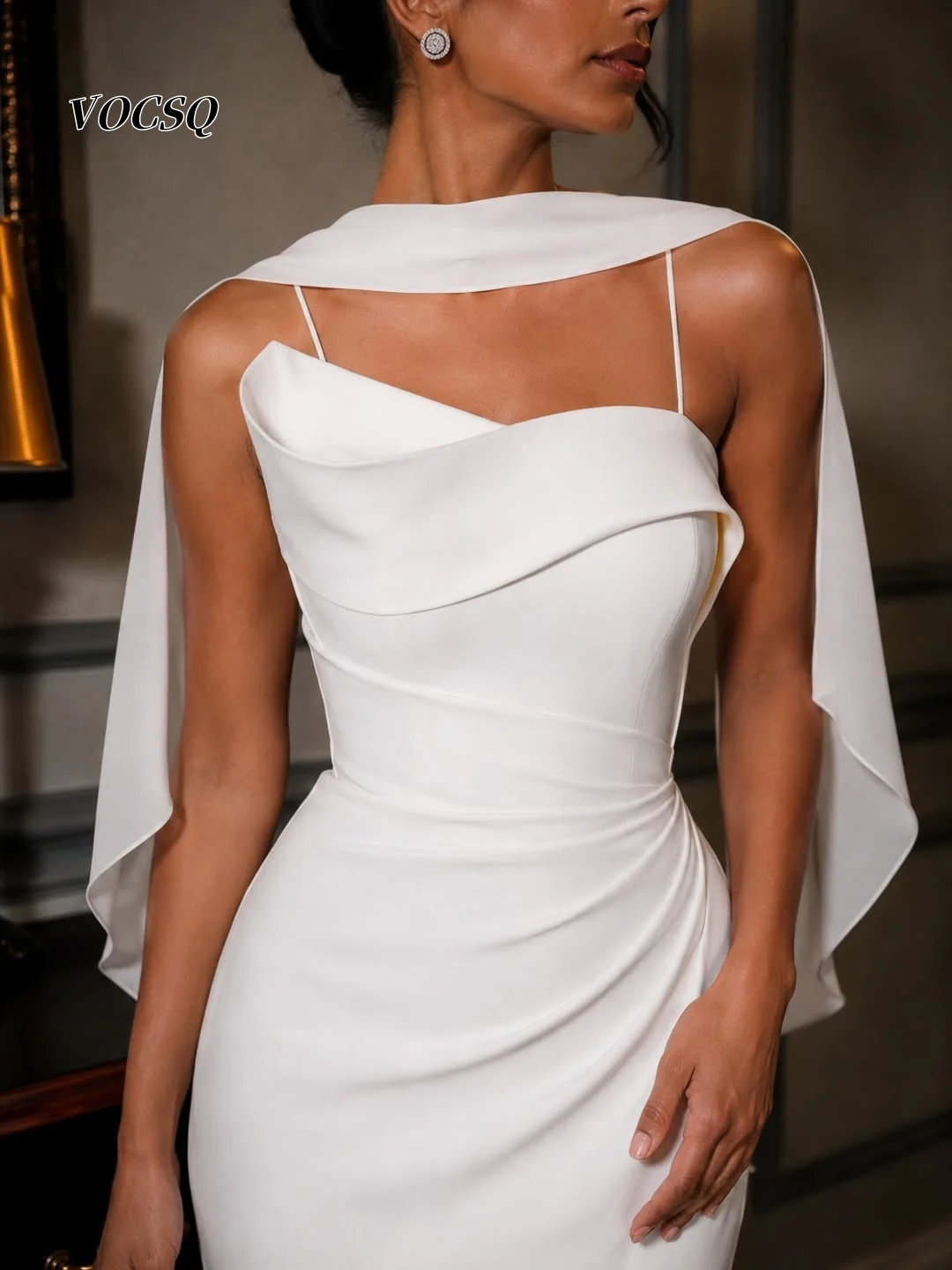 Prom Dress White Crepe Midi Gown Spaghetti Strap Cape Shoulder Ruched Bodycon Short Wedding Reception Dress Customized