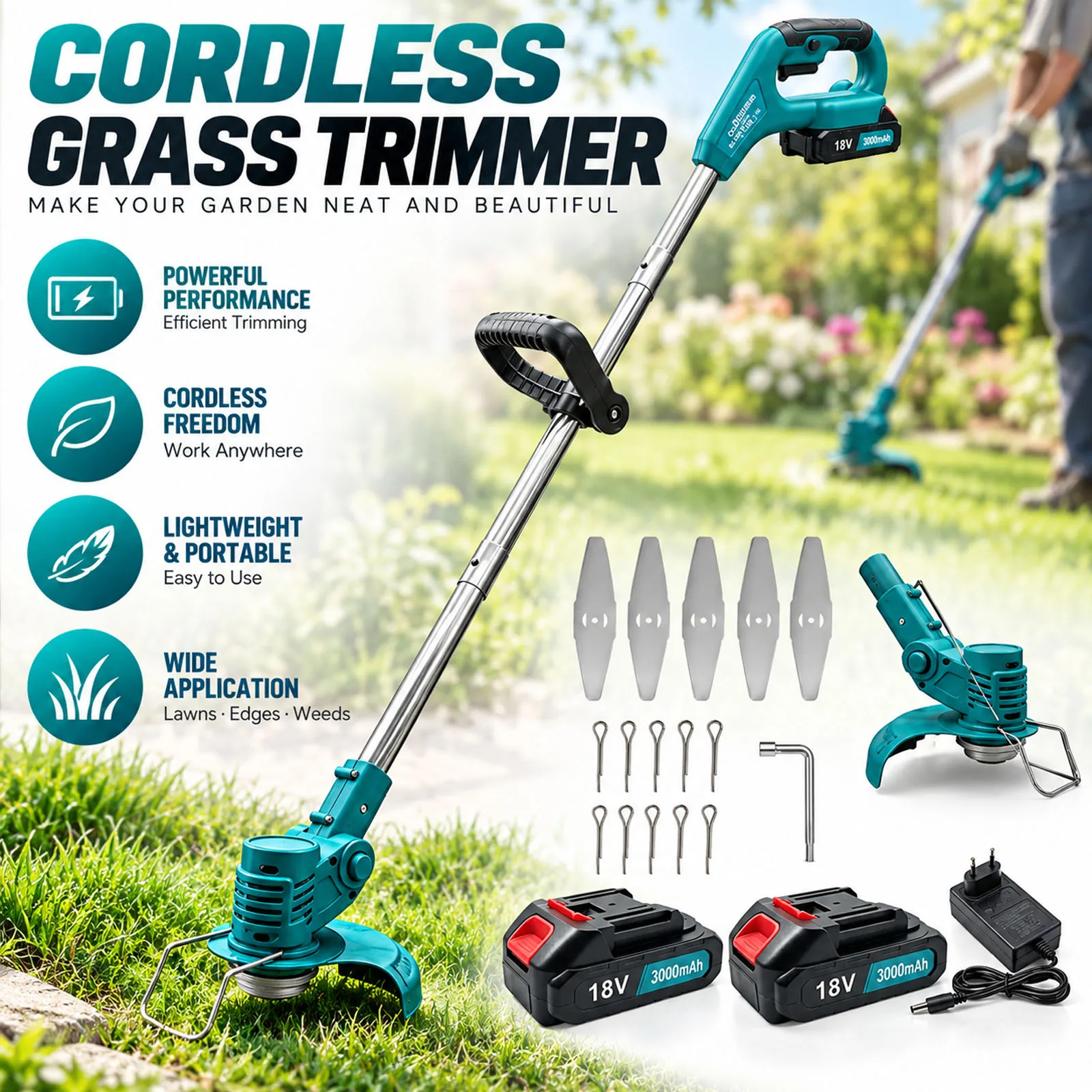 Set di tagliaerba elettrico a batteria, 18V, per tagliare erbacce e curare il prato, con 2 batterie e caricabatterie, lunghezza regolabile per il taglio dell'erba in giardino.
