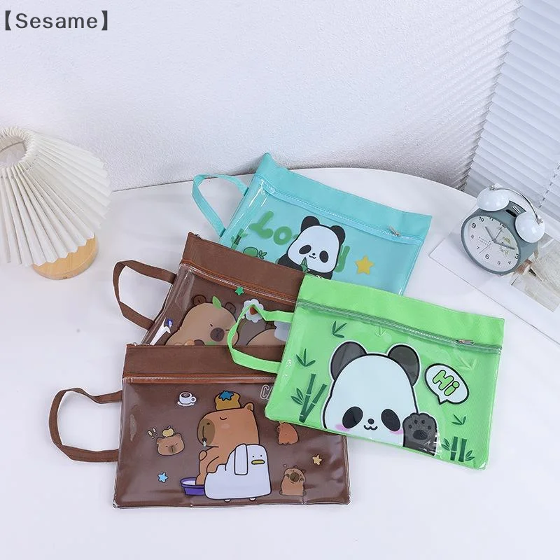 〔Sesame〕Portable Transparent File Bag Cute Fashion Zipper Documents Bag  Capybara Panda File Bag Large Capacity Storage Bag