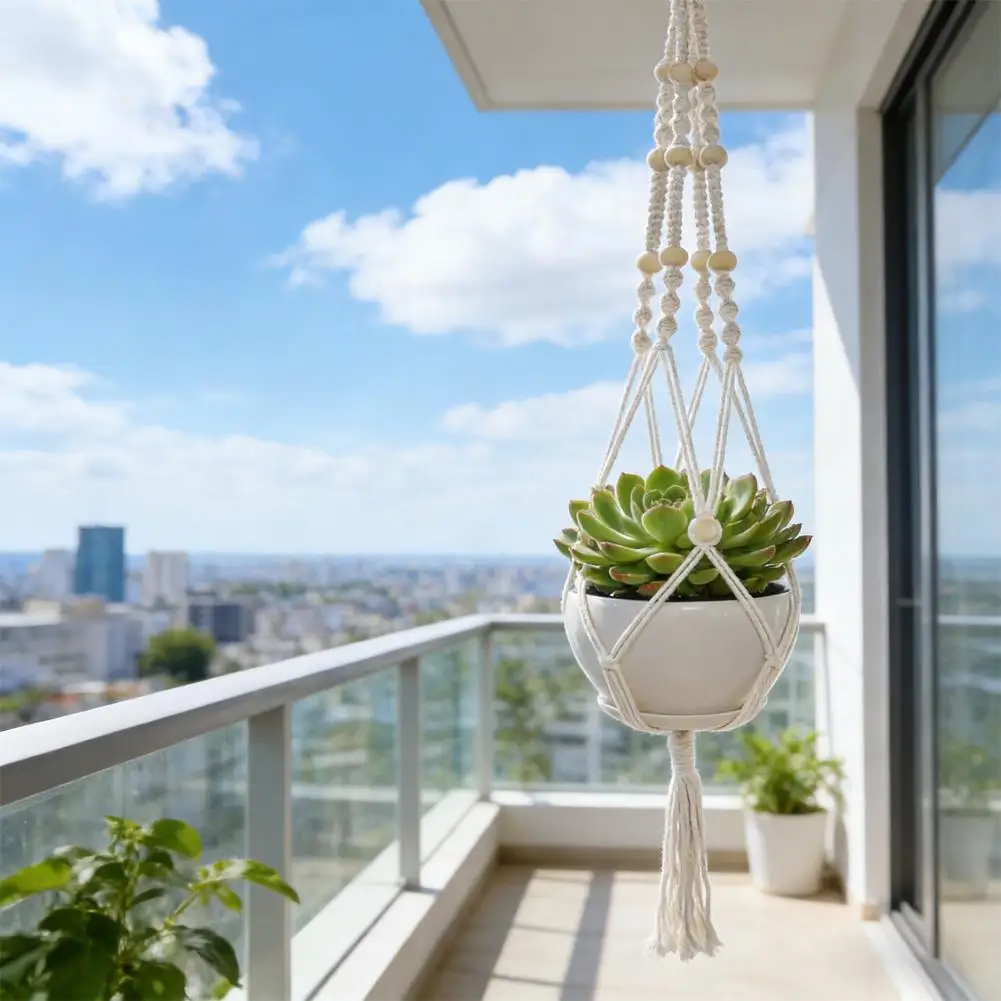Handmade Macrame Plant Hanger Basket - Flower Pot Holder, Bohemian Style For Balcony Garden Decor Accessory X4Y3