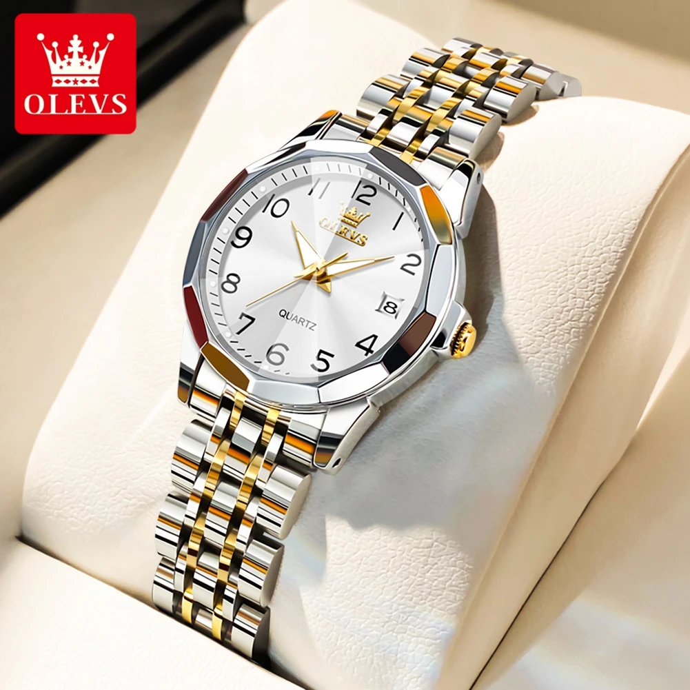 OLEVS New Quartz Watch for Women Rhombus Mirror Number Dial Solid Stainless Steel Waterproof Elegant Luxury Original Hand Clock