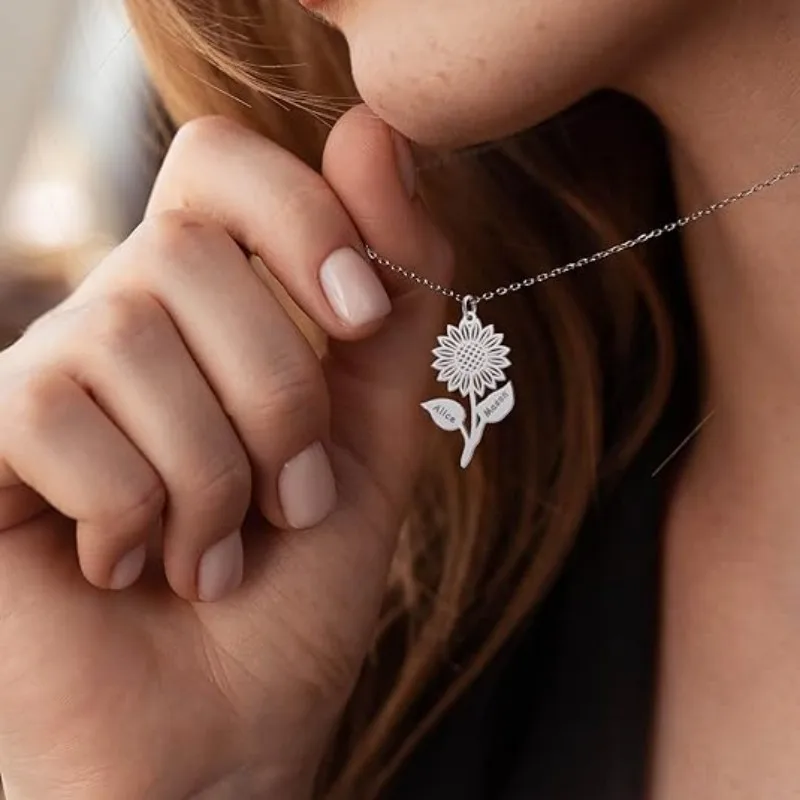 カスタマイズされたひまわりネームネックレスパーソナライズされたステンレス鋼の花のネックレス女性のひまわりペンダント誕生日ギフト