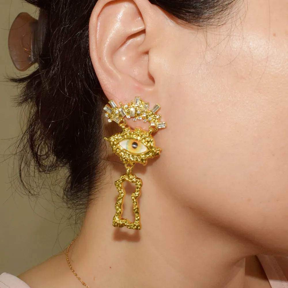 Vintage Übertriebene Metall-Schlüsselloch-Ohrringe mit Augen für Damen, Schmuck für Modenschauen, Kleidung, Statement-Accessoires