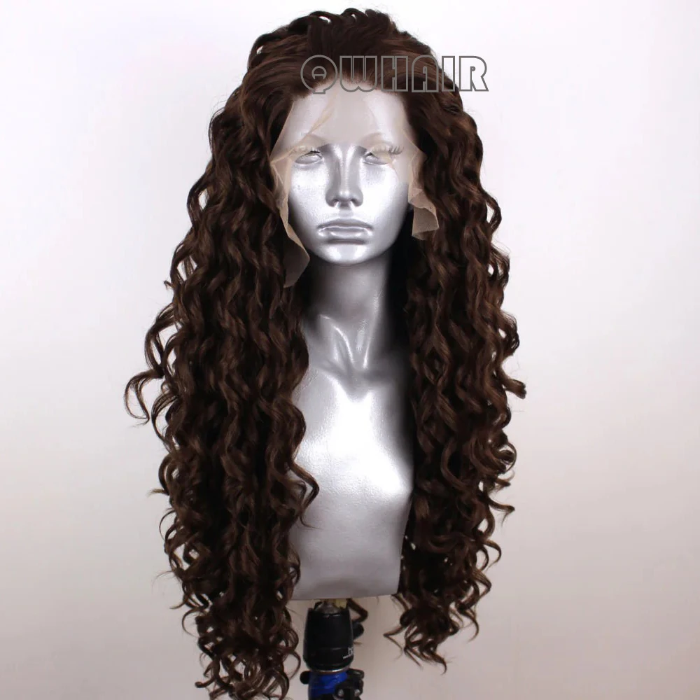 

Synthetic Hair Loose Curly 13X4 Lace Front Wig Dark Brown Long 180 Density For African Women Baby Hair Preplucked Daily