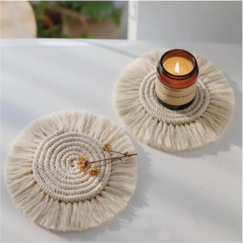 1PC Pure Hand-woven Nordic Wind Cotton Rope Fringe Round Non-slip Insulated Bowl Mat Placemat Coaster Party Table Decoration