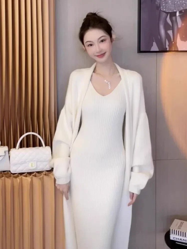 QNPQYX French Women Cardigan Solid Mid-Length Sweater Cardigan Female Jumpers Utumn Graceful Dress Two-piece Set