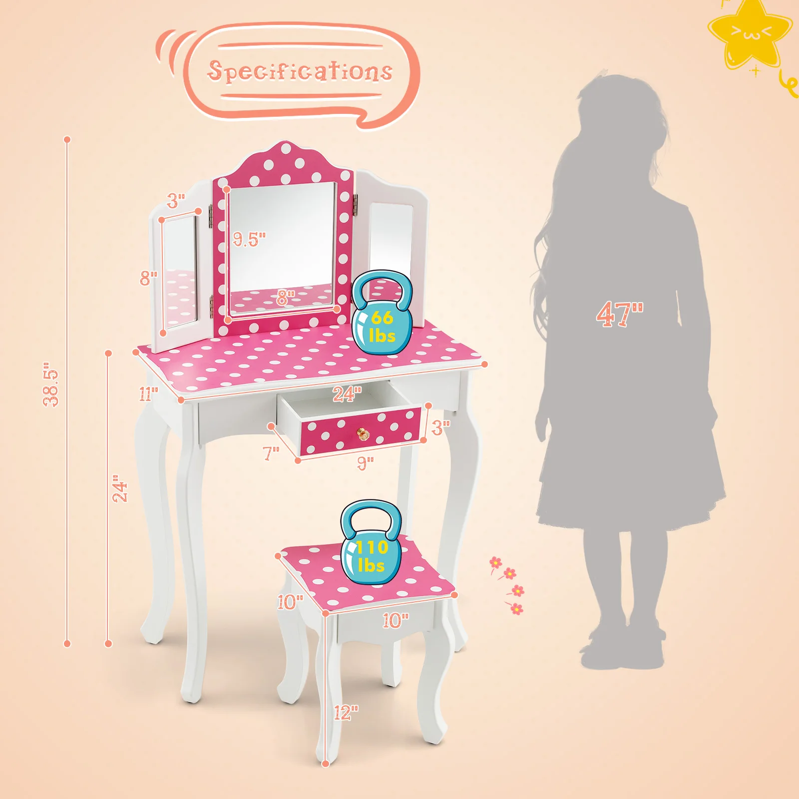 Kid Vanity Set Wooden Makeup Table Stool Tri-Folding Mirror Polka Dot Print Pink