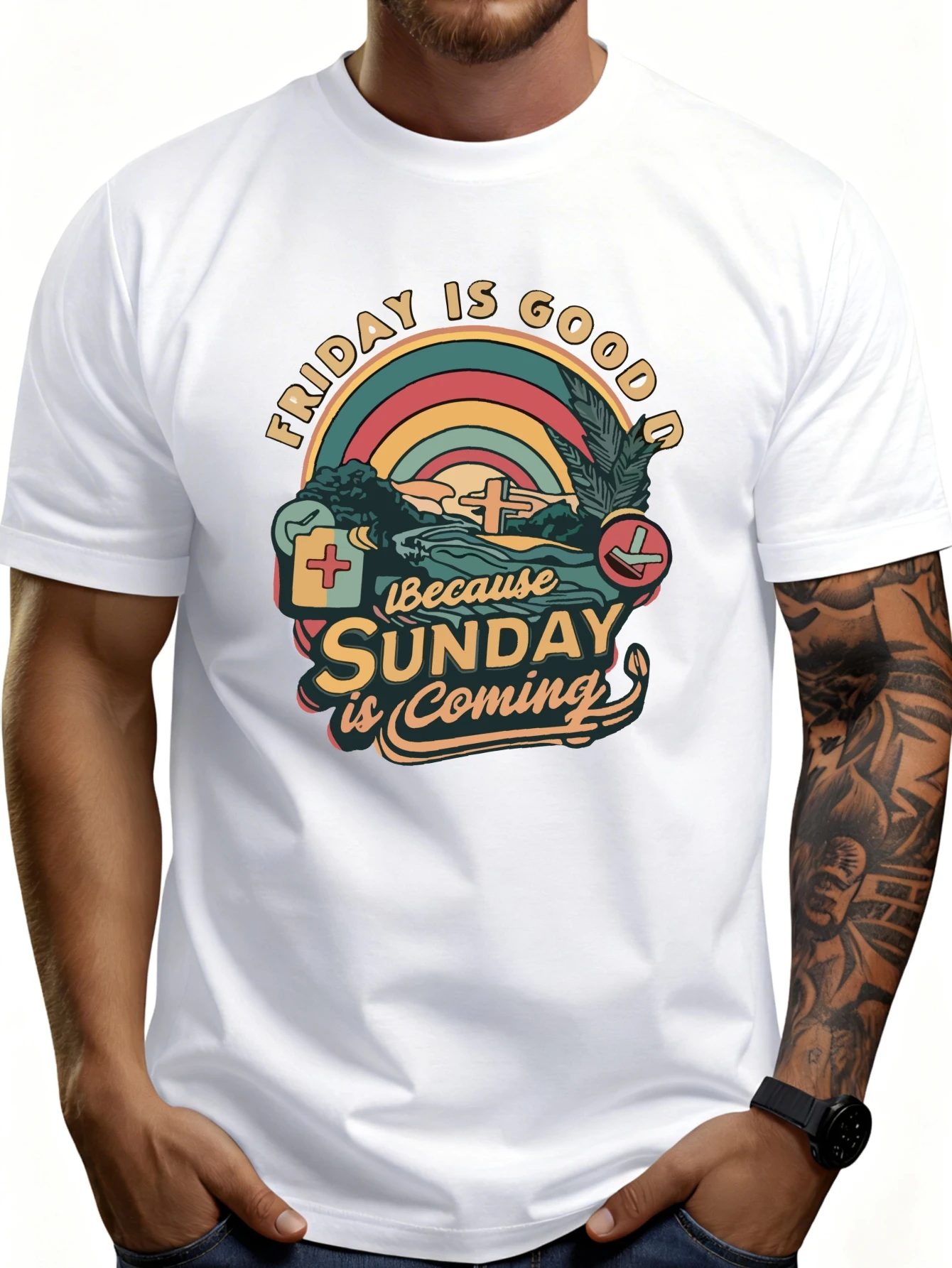 Men's Plain Graphic T-Shirt - Breathable, Soft, Lightweight - Friday Is Good because Sunday Is Coming - Retro Fun Graphic Casual Short Sleeve Summer Top, Gift for Him