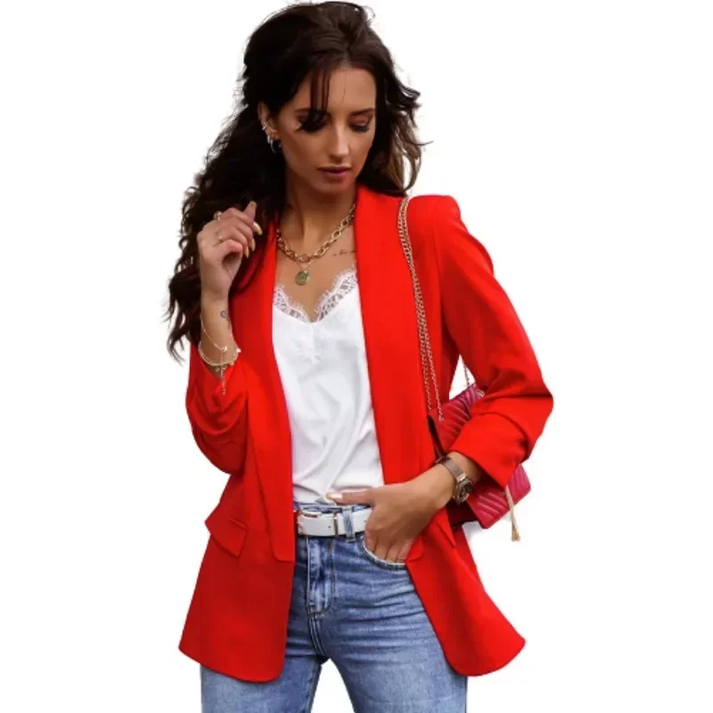 Autumn Women\'s S-XXL Commuting Top Jacket Elegant  Suit Collar Solid Color Top Long Sleeved Temperament Slim Fit Top Jacket