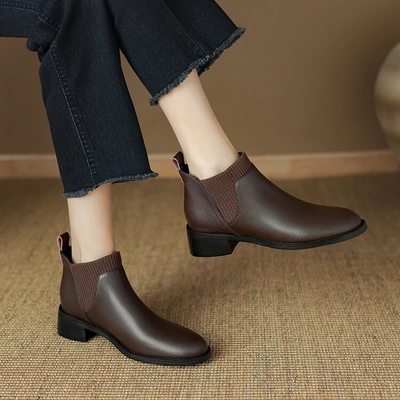 NEW Autumn Women Boots Round Toe Chunky Heel Shoes Split Leather Shoes for Women Casual Slip-on Ankle Boots Black Handmade Boots