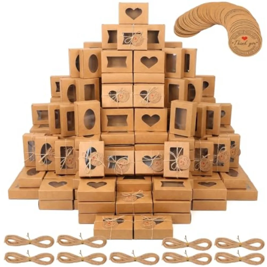 

100 Pcs Soap Boxes for Homemade Soap Packaging with Clear Windows Empty Gift Box Set with Jute Twine and Thank You Tags for Bak