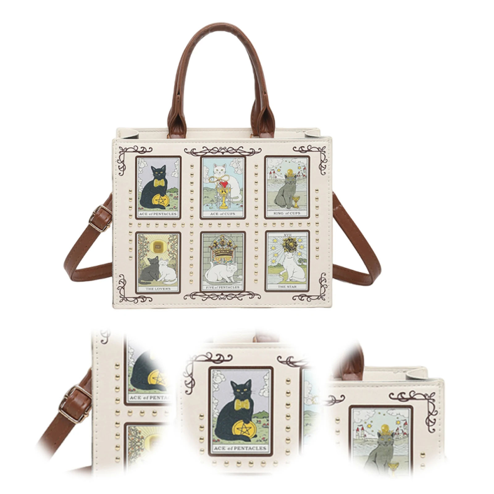 Quadratische Tragetasche für Damen mit verstellbarem Riemen, Umhängetasche aus PU-Leder mit Katzenmotiv und Reißverschluss, Handtasche für Pendler und Verabredungen – Detail 4