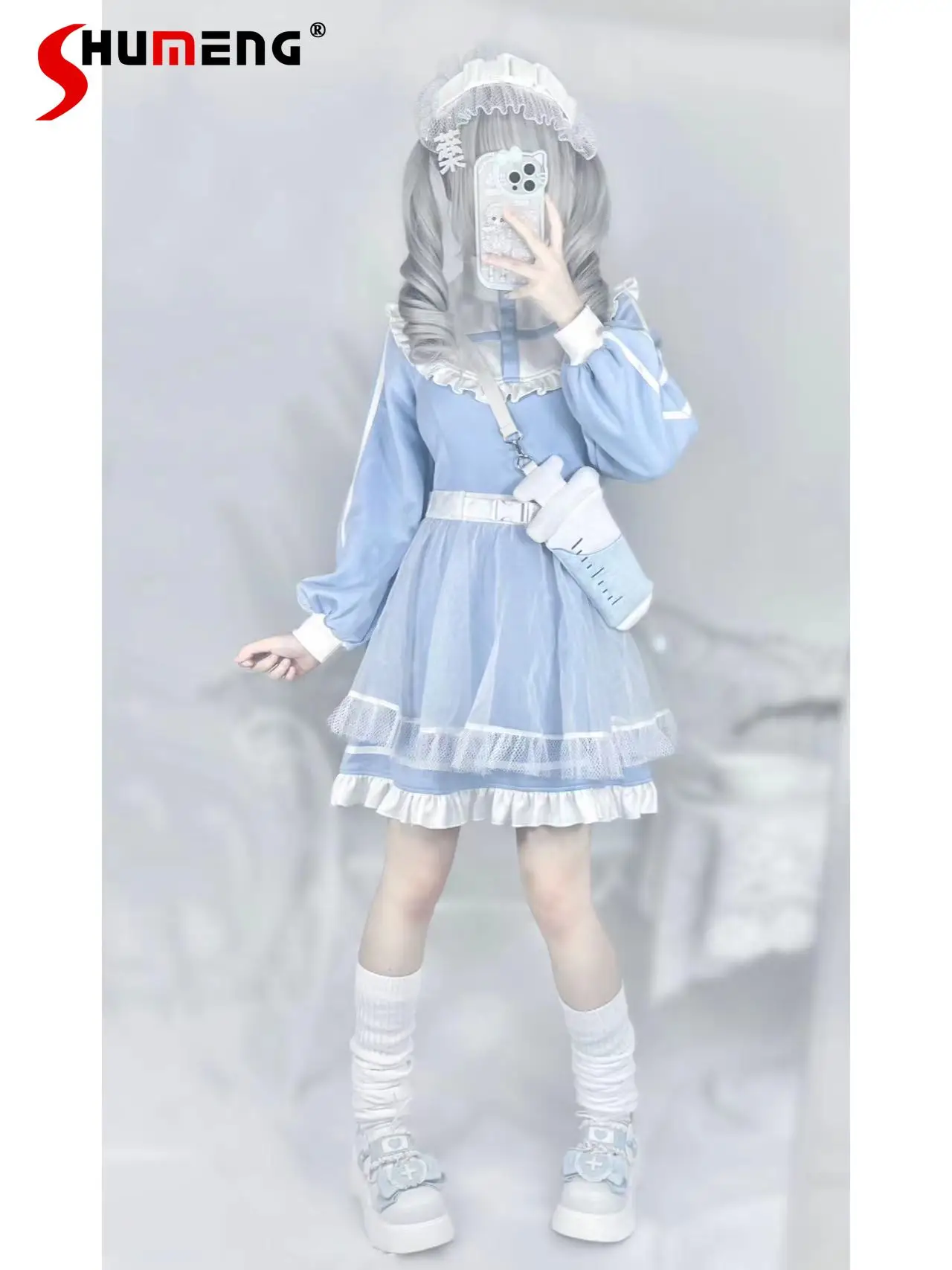 

Japanese Mine Harajuku Style Turtleneck Ruffled Long Sleeve High Waist Slim Fit a-Line Water Color Short Dress For Women Summer