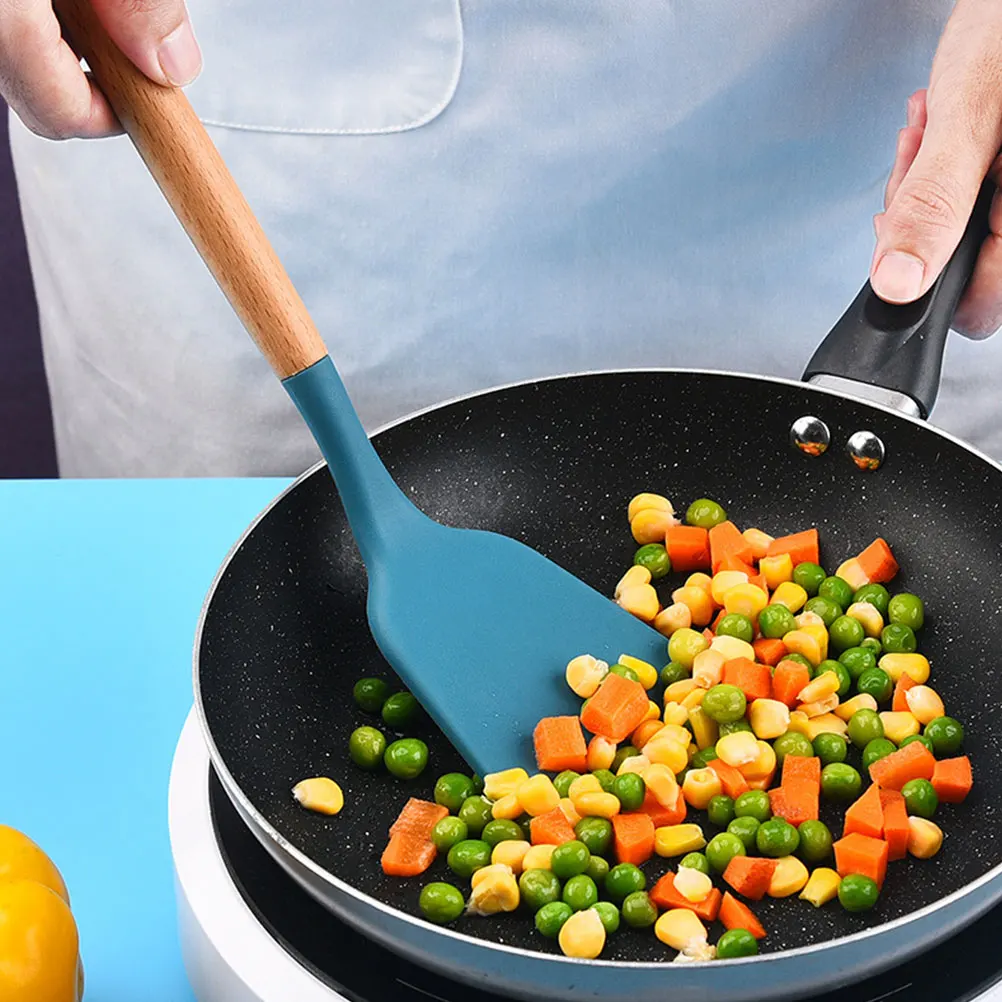 

2pcs Silicone Cooking Shovel Wooden Handle Wok Spatula Supply Ergonomic Non-Stick Lightweight Food Cooking Spatula