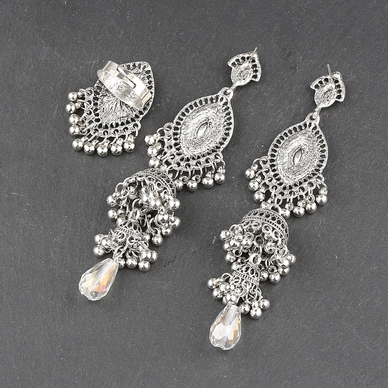 Ethnic Luxury Silver Color Long Dangle Earring Set White Crystal Water Drop Jewelry Set for Women Vintage Indian Brincos Jewelry