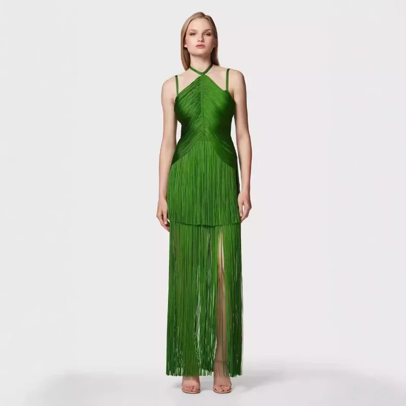 

Fashion Design Tassel Suspender Dresses Women Green Sleeveless Ladies Party Stage Performance Black Clothing Solid Halter
