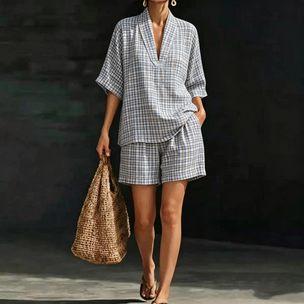 

Fashion Casual Plaid Print Two Piece Set Women Summer Style Comfort Holiday Sexy V Neck Short Sleeves Top And Shorts 2 Sets