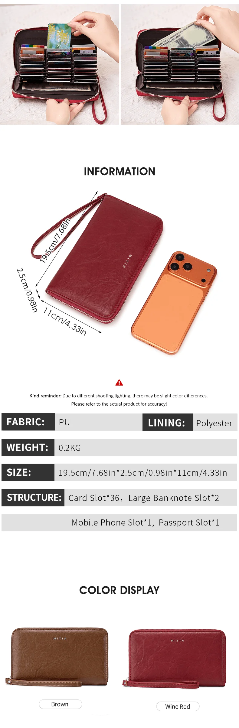 RFID-Diebstahlschutz Damen-Clutch-Tasche Retro Multi-Kartenfach Akkordeon-Geldbörse Einfarbig Große Kapazität Reißverschluss-Kartenhalter – Detail 2