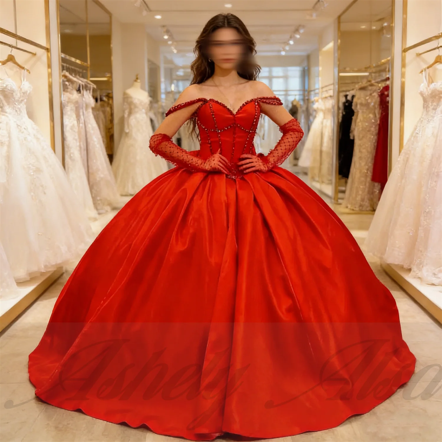 

High End Red Women Wedding Party Dress Beaded Sleeve Lace Up Satin Prom Dresses 2026 Birthday Quinceanera 15 16 Girl Customized