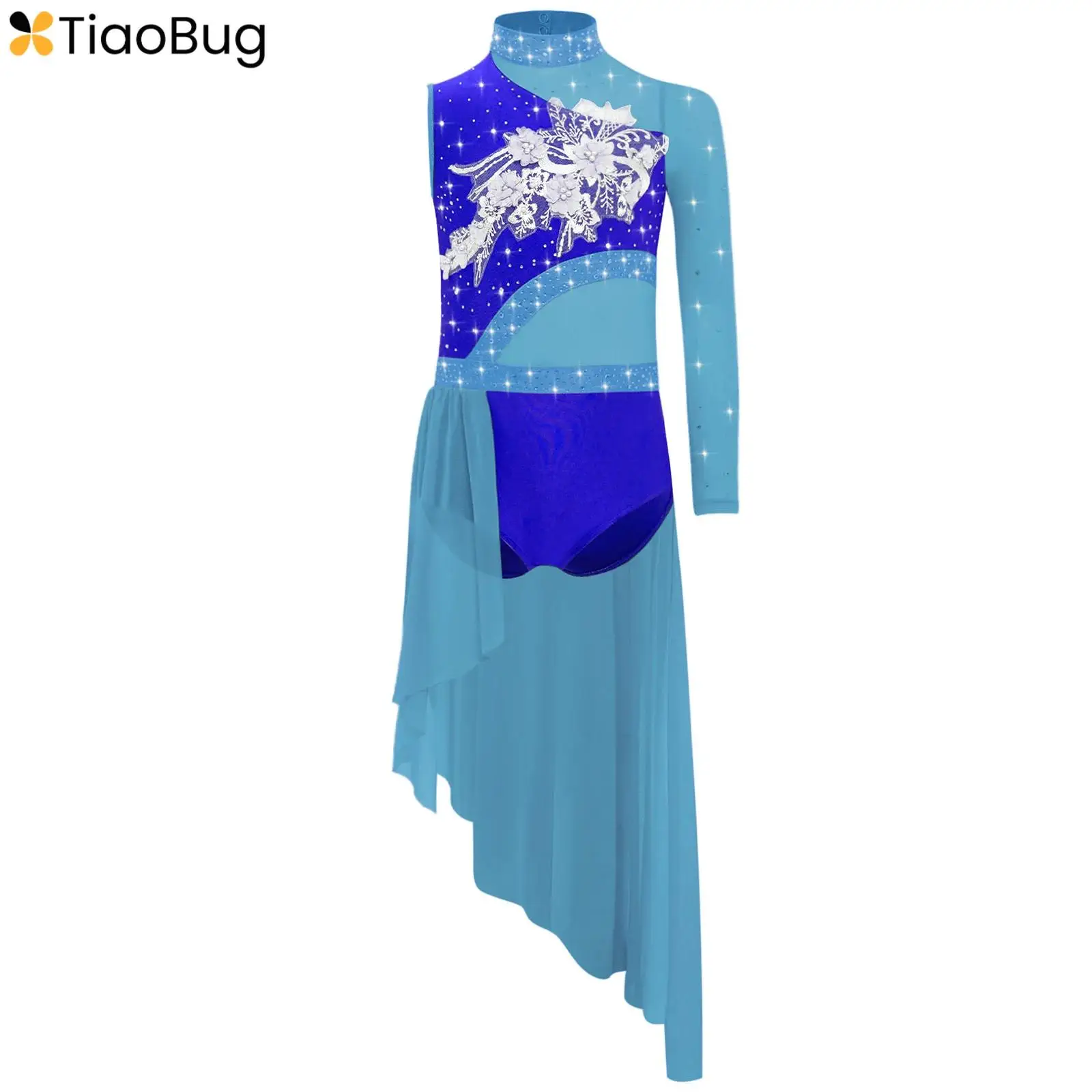 

Kids Girls Flower Applique Lyrical Dance Dress Single Sleeve Asymmetric Mesh Overlay Leotard Dress Figure Skating Ballet Dress