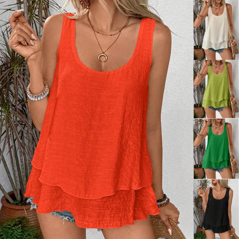 

2025 New Sleeveless Vest Camisole Double Layer Ruffle Hem T Shirt Top Women
