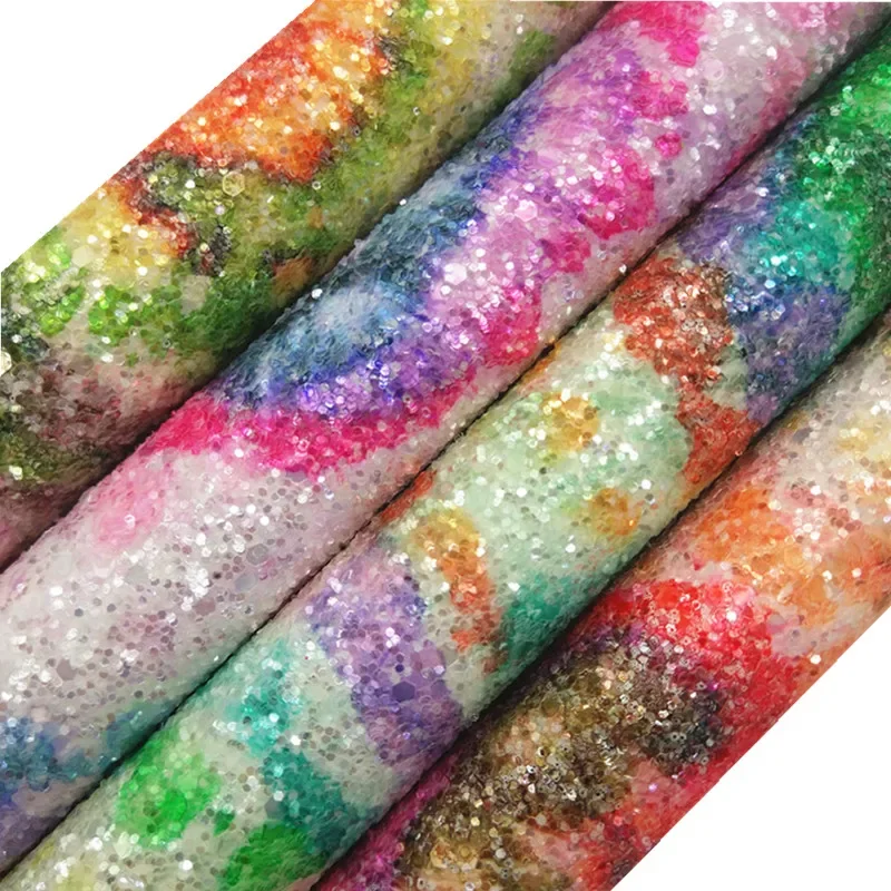 Tie-dyed Crystal Chunky Glitter Leather Faux Fabric Vinyl with Twill Backing Glitter Sheets for Bows Earrings 21X29CM MB416