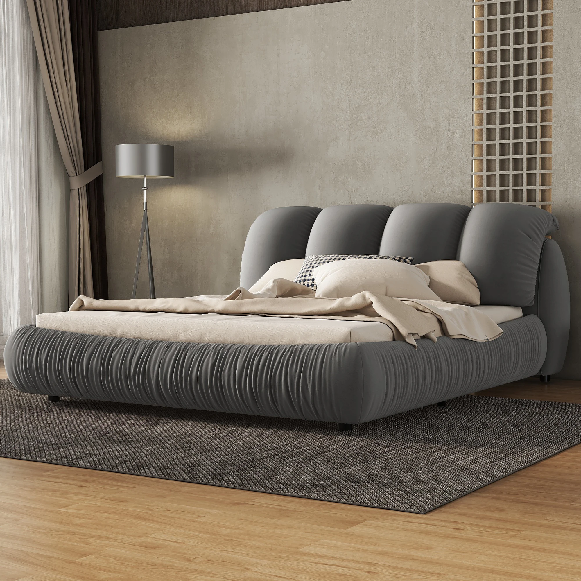 Queen Size Luxury Upholstered Bed With Thick Headboard, Velvet Queen Bed, Gray  94.50x67.70x40.20 in.