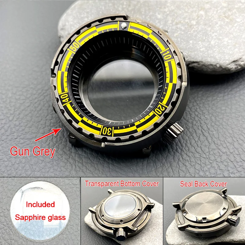 47mm Mod Gun Grey Tuna Canned Watch Case Crown at 4.1 Fit NH35 4R 7S Movement 200M Water Resistance Men Diving Case Customized