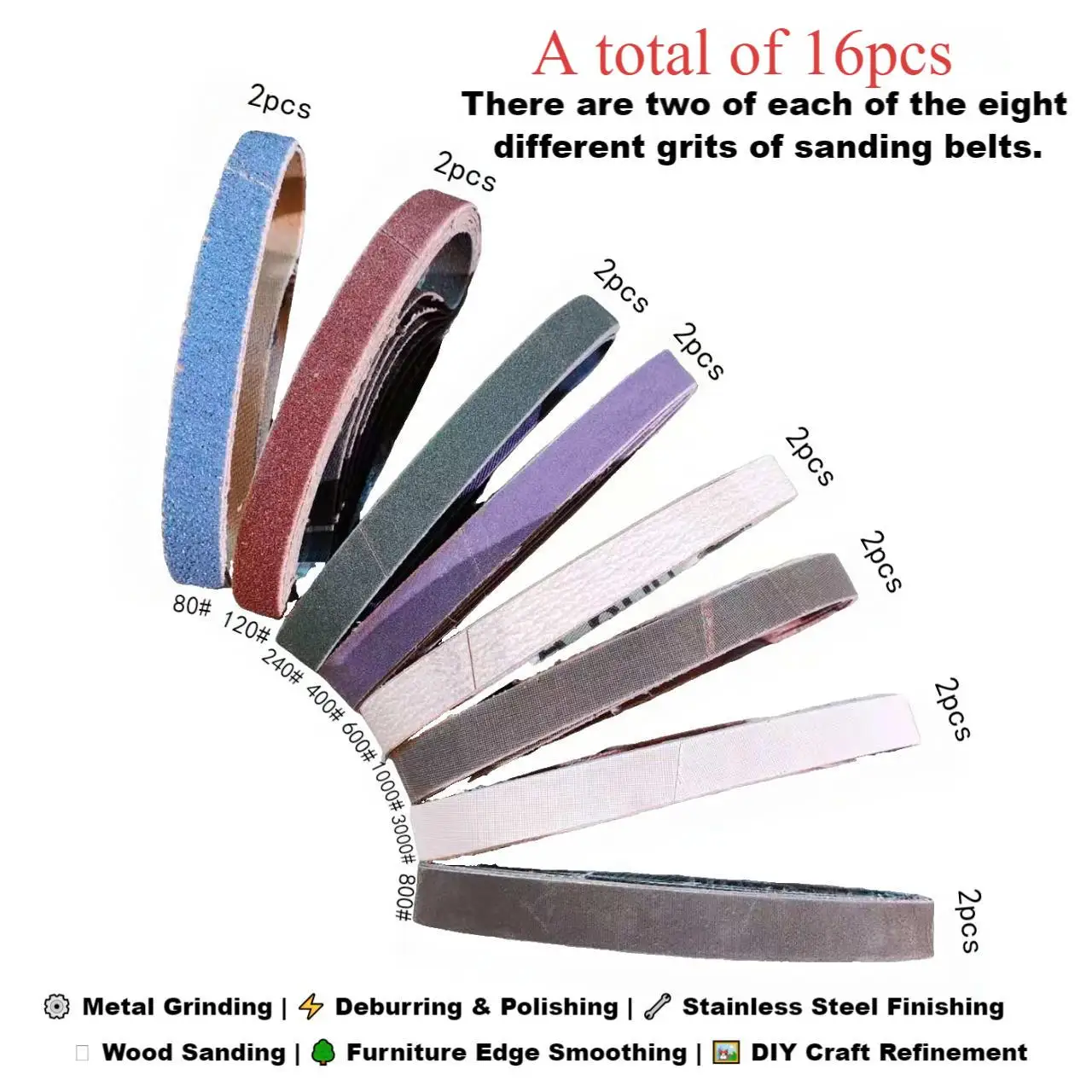 مجموعة أحزمة صنفرة ملونة مكونة من 16 قطعة، 0.5*12 بوصة (13*305 مم)، 80-3000 حصى لكل اثنين، لصنفرة الأثاث ومشاريع DIY. #1