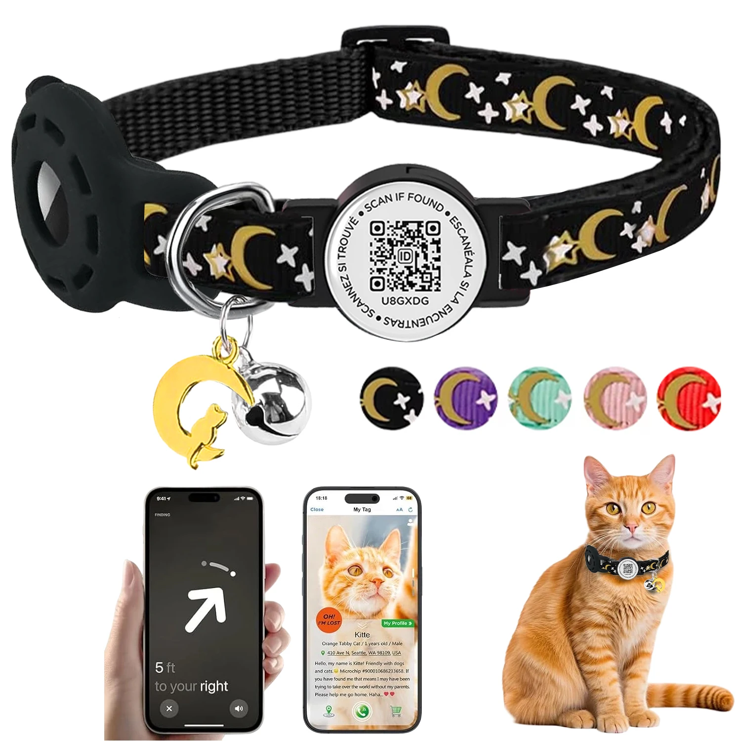 Cute Cat Collar with Airtag Holder for Apple Air Tag, Silicone GPS Tracker Holder, Glow Pet Collar with Bell & Pet QR Name Tag