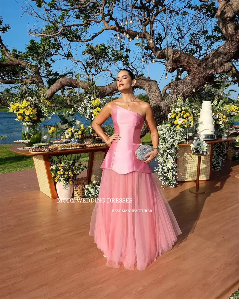 MODX – robe de soirée en Satin rose Simple, épaules dénudées, gaine, ourlet en Tulle, arabie saoudite, robe de bal formelle pour femmes, personnalisée