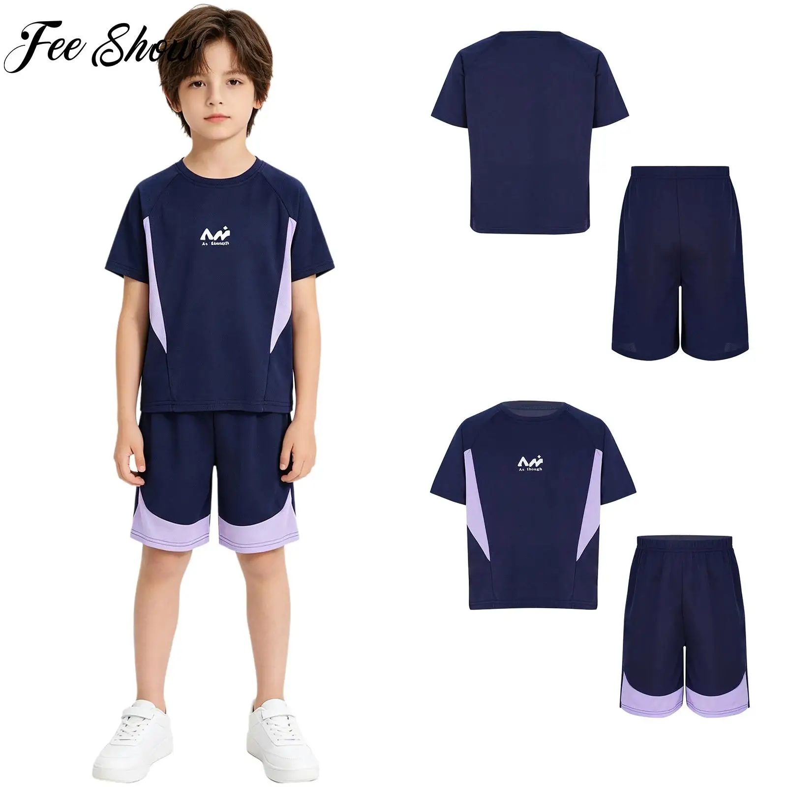 Kids Boys Quick-dry Mesh Breathable Short Sleeve Tops with Elastic Waistband Shorts Two-piece Outfit for Sports Daily Wear