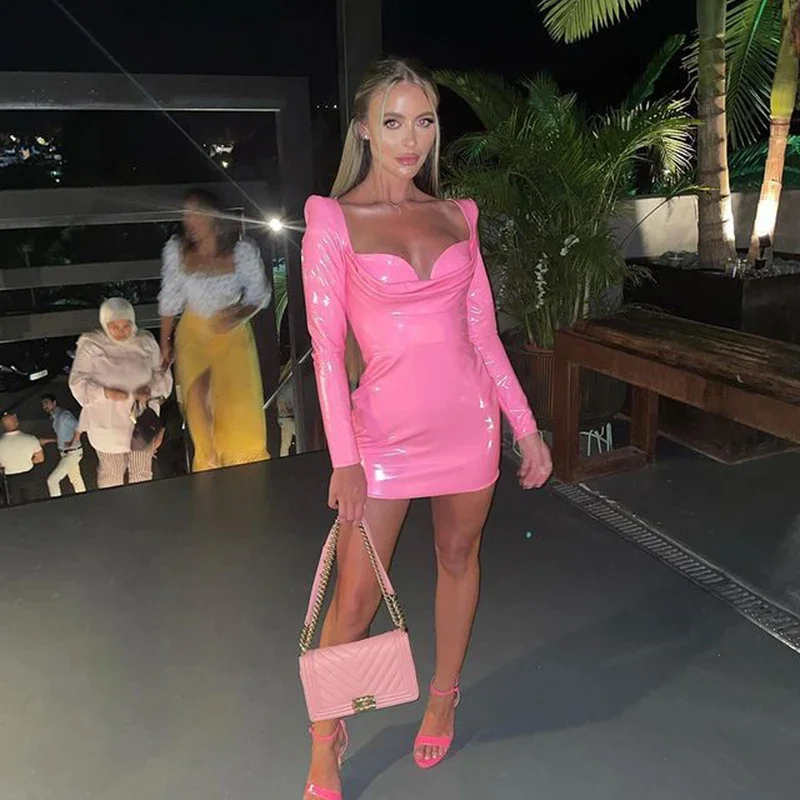 

Sexy Square Collar PU Leather Mini Dress Women Long Sleeve Bodycon Dress Ladies Pink Party Slim Dress Nightclub New Clubwear