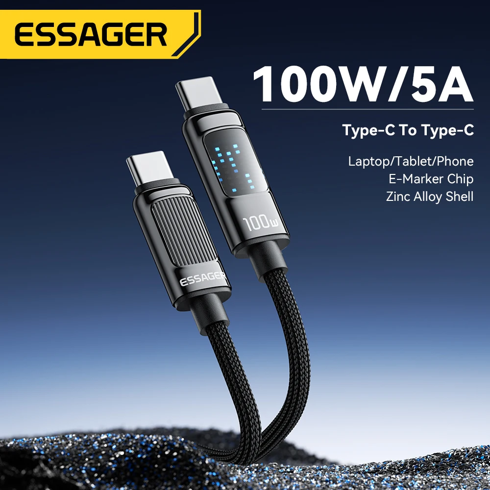 Essager USB C타입-USB C 케이블, 샤오미 삼성 PD 5A 고속 충전 케이블, 맥북 아이패드 프로 태블릿 노트북 와이어 코드, 100W