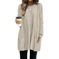 T Shirts For Women Long Sleeve Crew Neck Pullover Casual Solid Tunic Tops With Pockets Casual Loose Clothes Autumn Winter Shirts