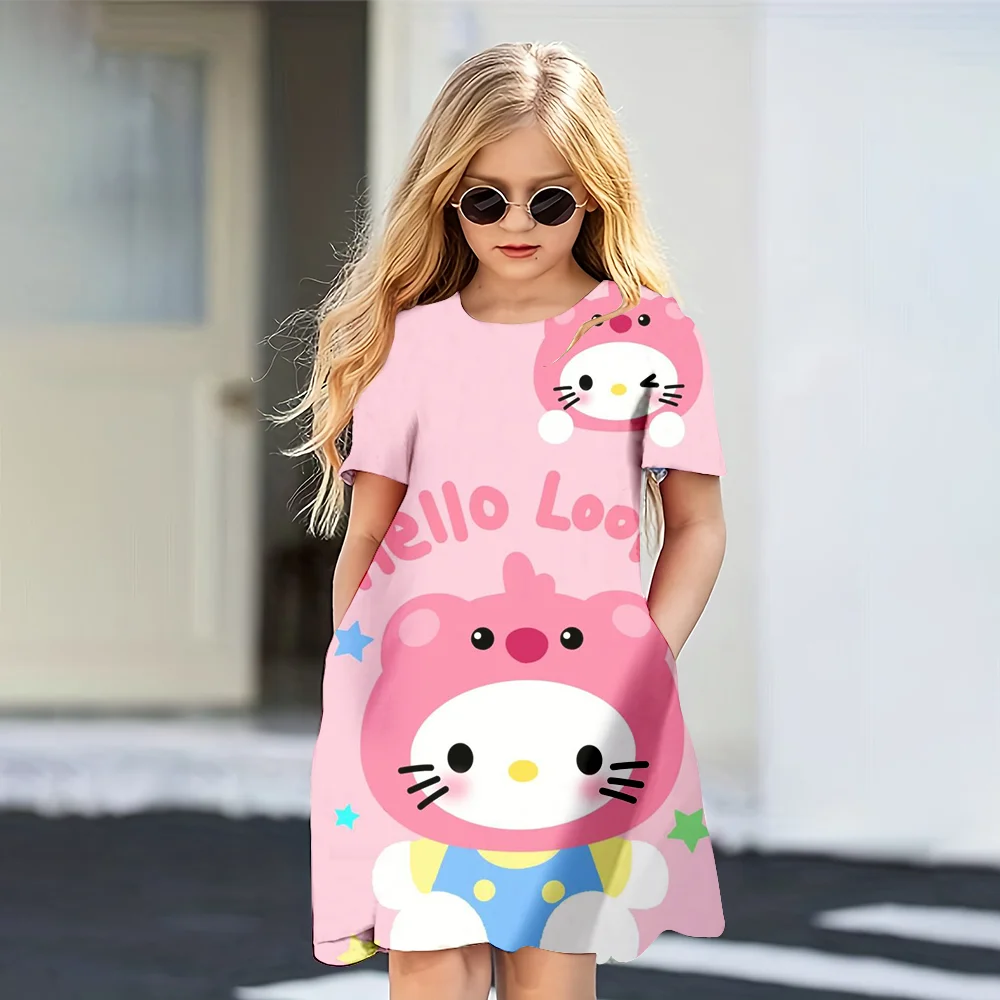 Mini nowy styl dziewczyny letnia sukienka moda kreskówka słodkie Kuromi & Hellokitty 3D nadrukowana sukienka z krótkim rękawem dla dziewczyny luźne