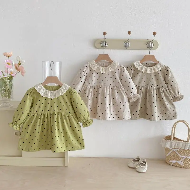 

2025 Autumn New Girls Long Sleeve Dress Cute Bow Dot Print Baby Girl Lace Collar Princess Dress Cotton Toddler Casual Dress
