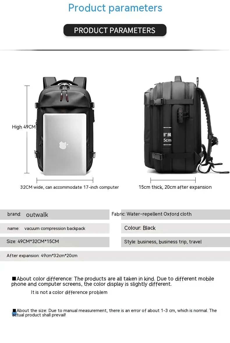 19in Vacuum Backpack Compression Large Capacity Travel Duffels Men\'s Business Multifunction Computer Laptop Bag Outdoor Backpack