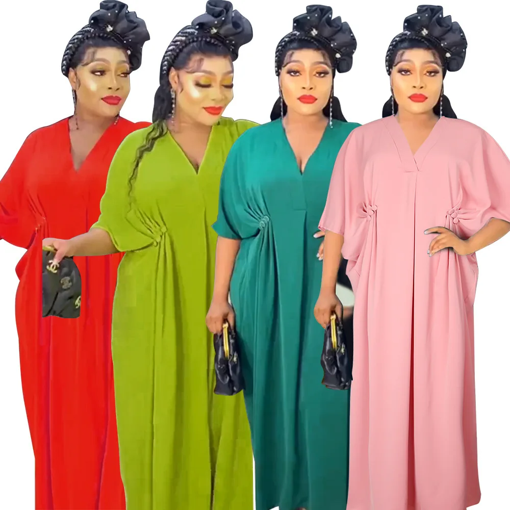 

Polyester 2023 Fashion African V-neck Red Green Pink Long Dress Abayas Dashiki Robe Maxi Dress African Dresses for Women
