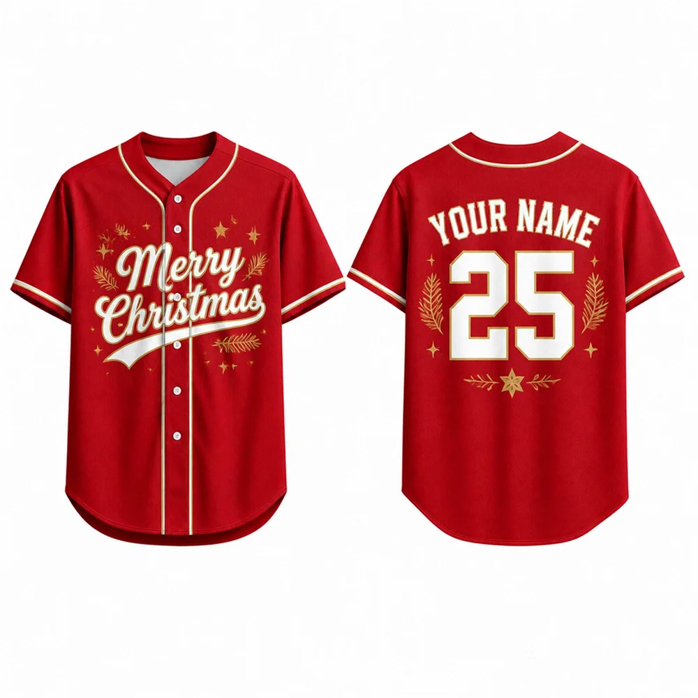 Custom Christmas Baseball Jersey For Men Personalized Name Number Retro Print Short Sleeve Button Up Shirt Holiday Team Uniform