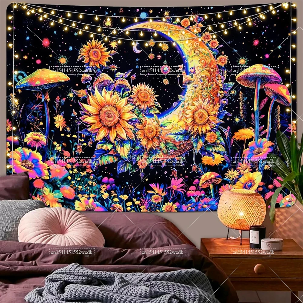 Blacklight Tapestry Mushroom Moon UV Reactive Aesthetic Sunflower Plants Black Light Tapestry Wall Hanging Glow In The Dark