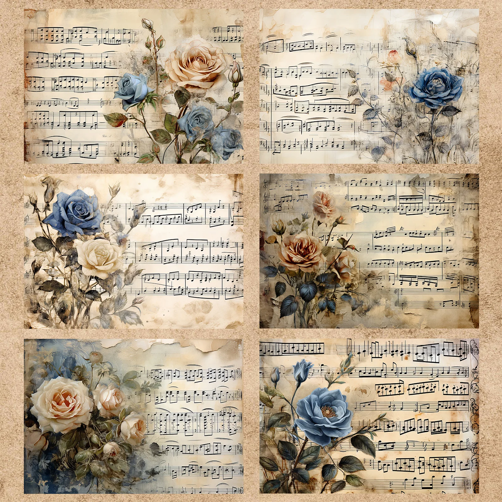 16 Sheets A5 Size Retro White Rose Flowers Blue Background Sheet Music Vintage Grunge Journal Planning Scrapbooking