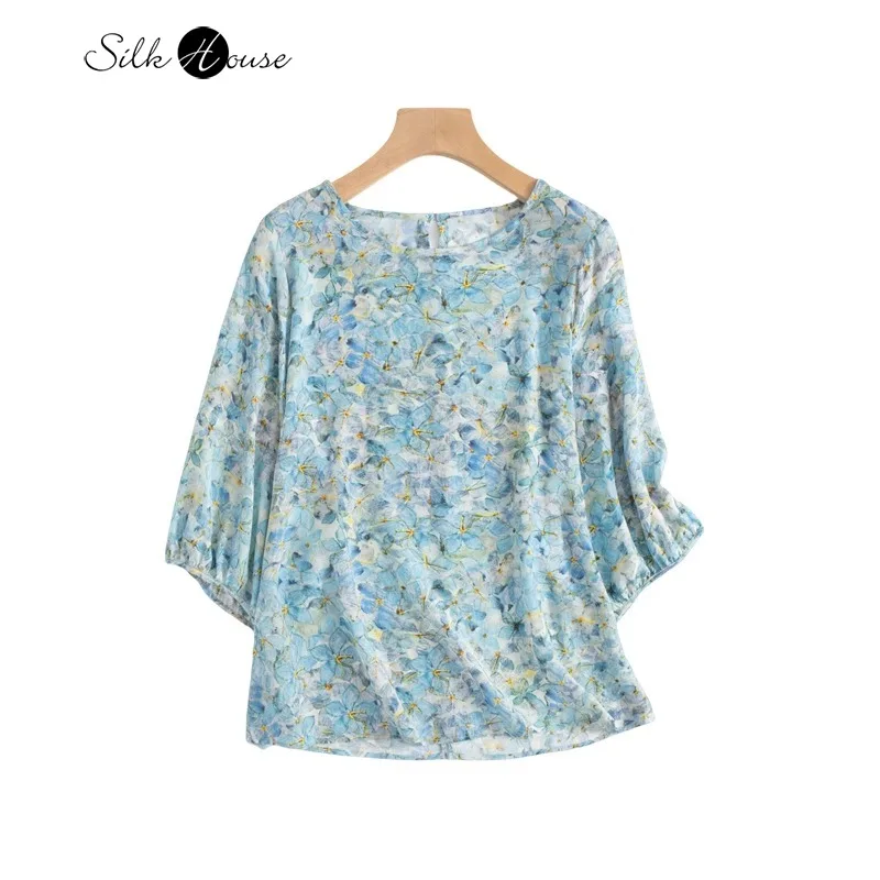 

Temperament Lantern Sleeves 100% Natural Mulberry Silk 03 Crepe De Chine Blue Small Floral Round Neck Women's Versatile T-shirt