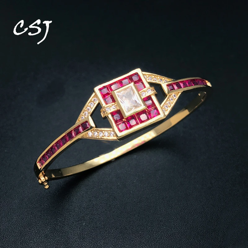 Trendy Ruby Bangle Created Red Corundum Sapphire Emerald Gemstone Bracelet Yellow Gold for Women Party Birthday Jewelry Gift