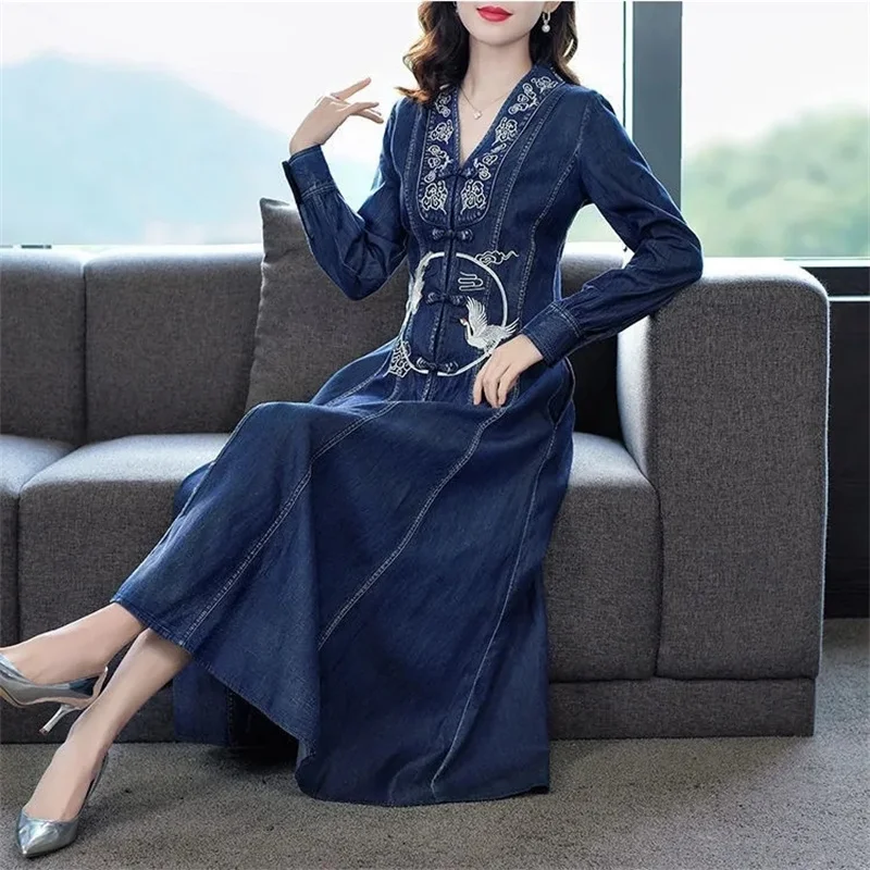 Ethnic style Single row Buckle Design Retro Long sleeved Dress 2026 New Spring Autumn Cheongsam improved Version Denim Dresses