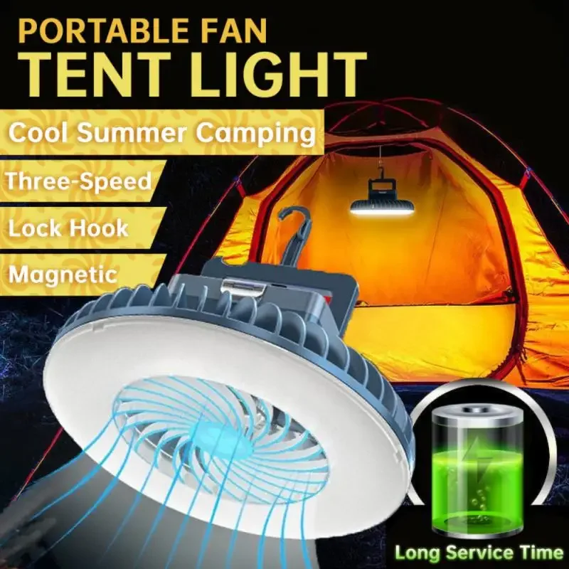 2 In1 LED Tent Fan Lamp Multifunctional Waterproof Rechargeable Camping Lamp Ceiling Fan Light Portable Hiking Light Cooling Fan