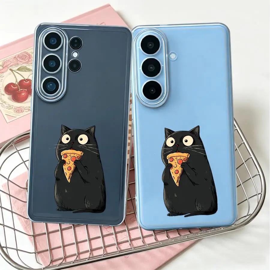 Pizza Cat Case for Samsung Galaxy S26 Ultra S21 S22 FE S23 Ultra S25 Edge S23Ultra Note 20 Ultra 10 S24 S20 Plus Phone Cover